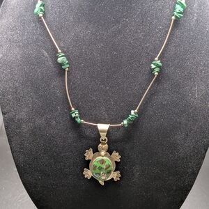 Mexico SS Turtle Pendant Necklace with Green Accents Magnetic Closure
